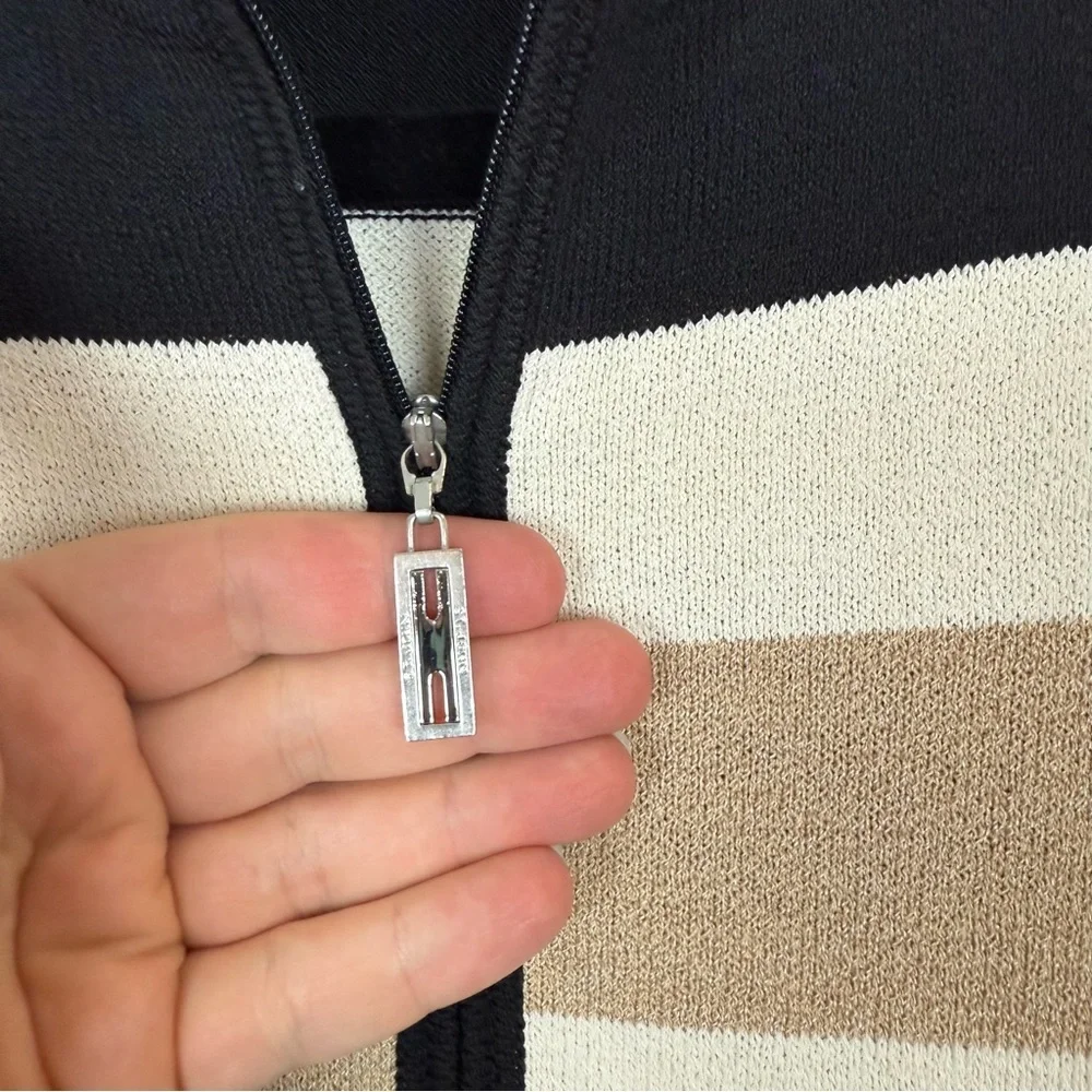 St. John Wool Blend Color Block Tan White Black Zip Up Mockneck Cardigan Sz S